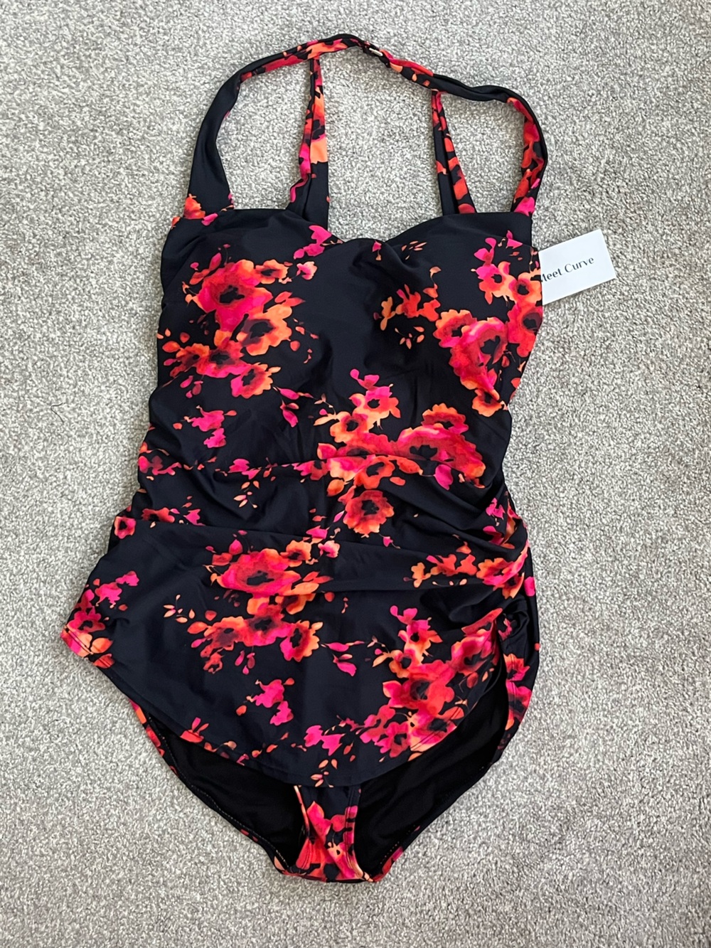 NWT Meet CurvFloral Halter One-Piece Swimsuit in Purple Pink & Orange Size 3X